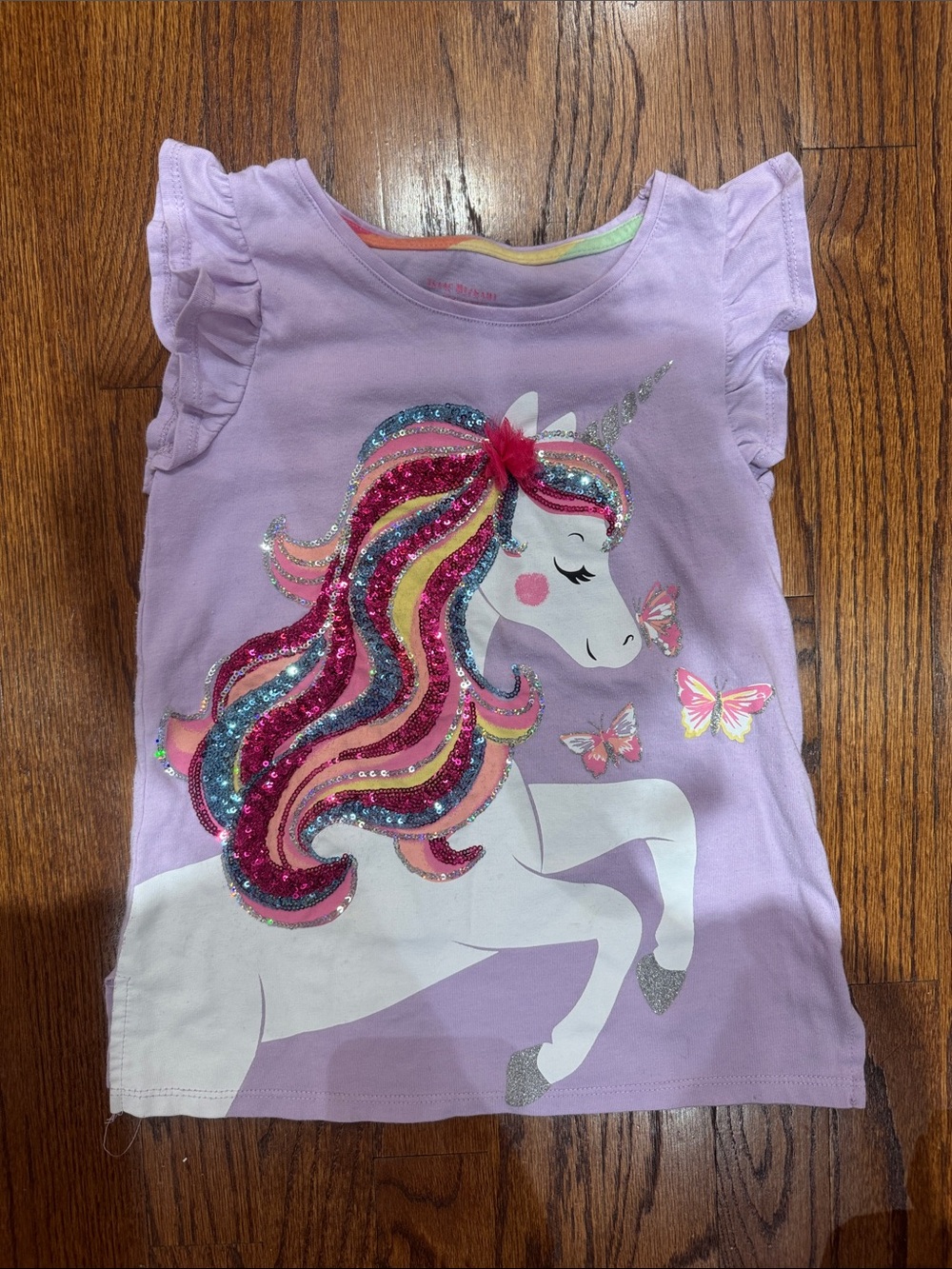 Isaac Mizrahi Lavender Unicorn Sequin Tee with Pink & Yellow Mane
